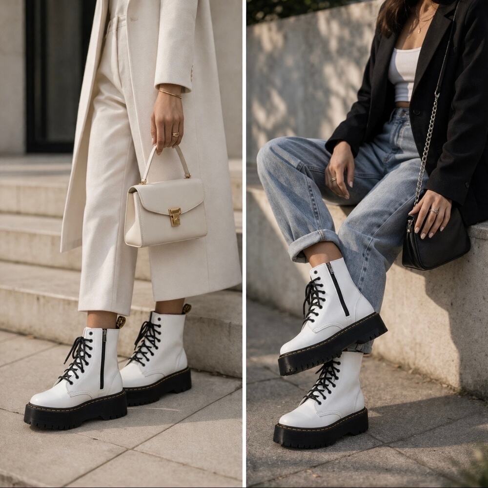 Dr. Martens Jadon White Platform Boots Lace Up Zip Combat Edgy Women's Size 8 - Picture 2 of 11
